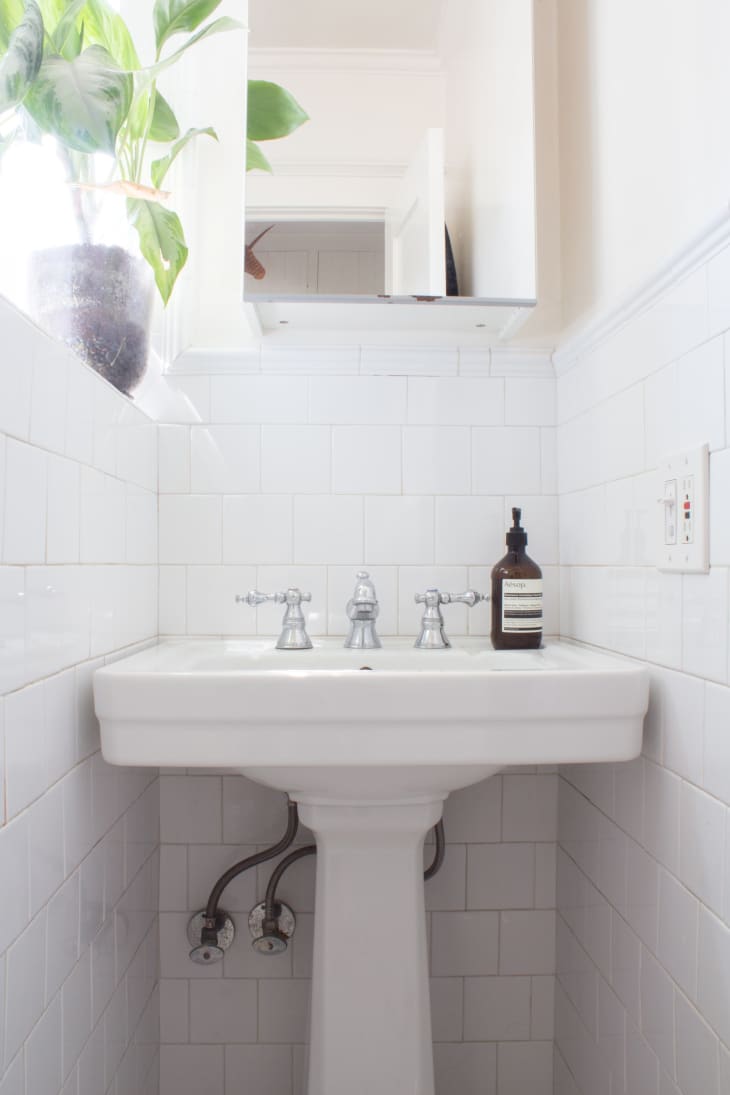 Small white bathroom with pedestal sink, chrome faucets, brown soap bottle, and potted plant on windowsill.