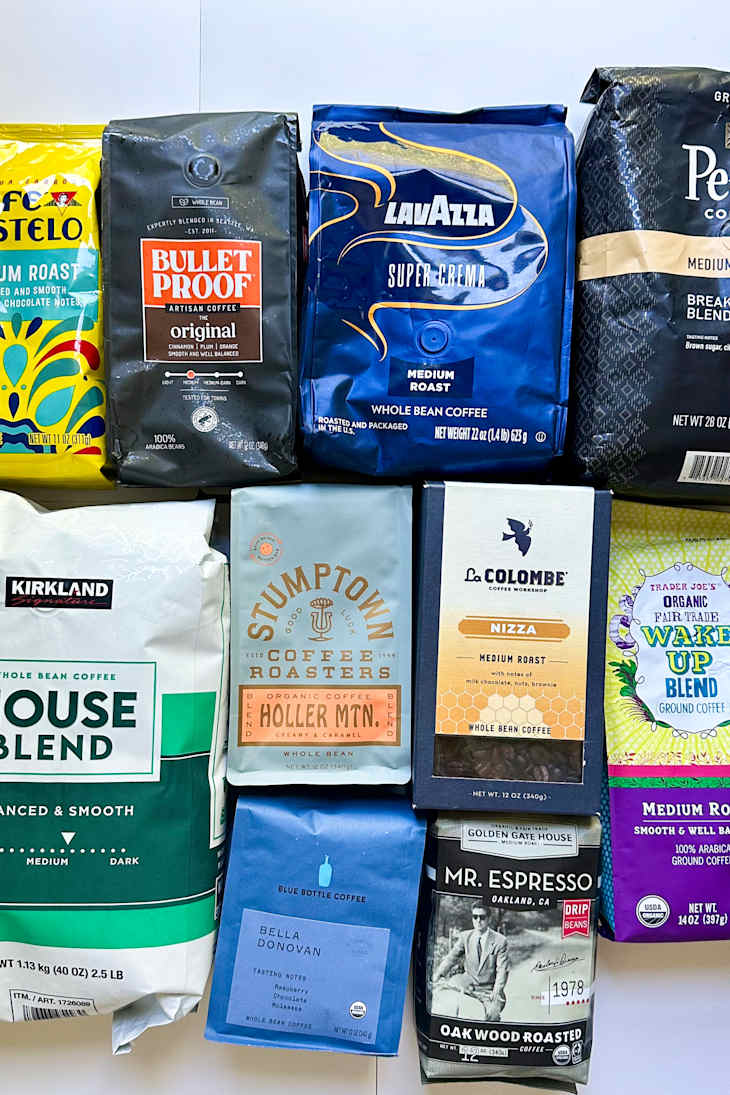 Ground coffee bags gathered together.