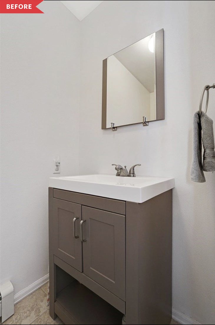 Before: Stark white bathroom with greige vanity