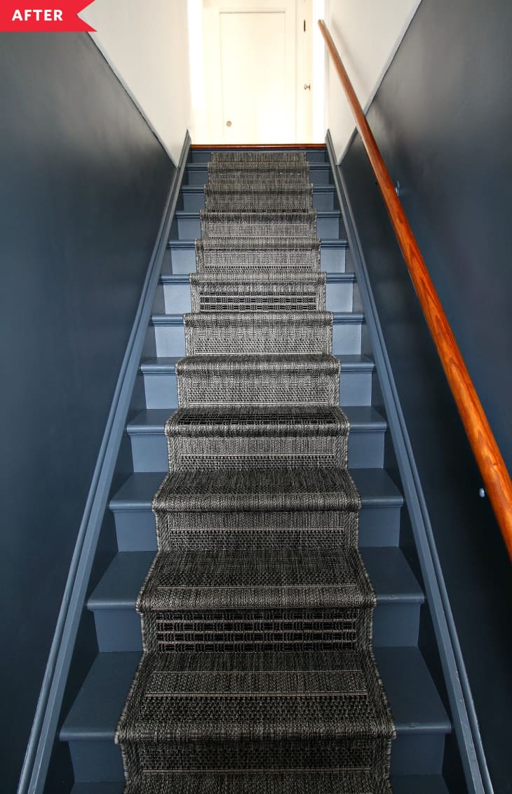 After: Gray and white painted staircase with gray runner