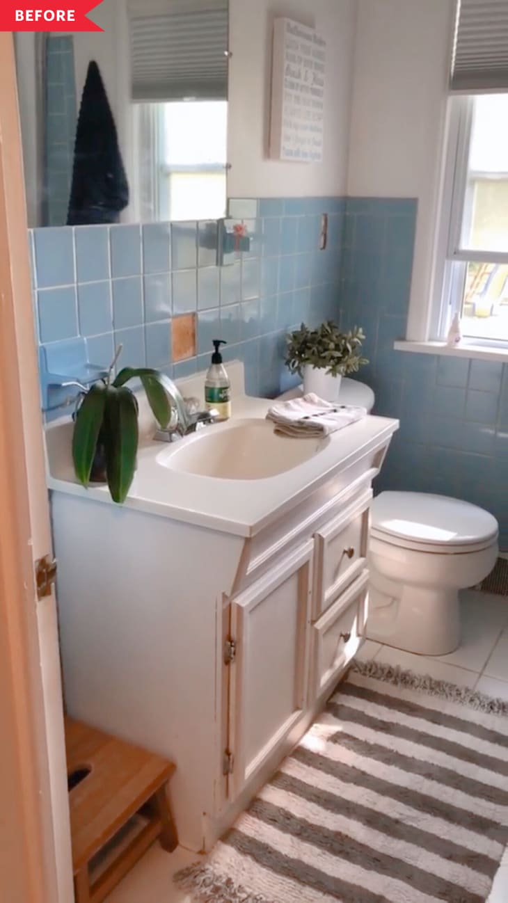 Before and After: Vintage Blue Bathroom Gets Stylish Black and White  Refresh | Apartment Therapy, image size:730x1298