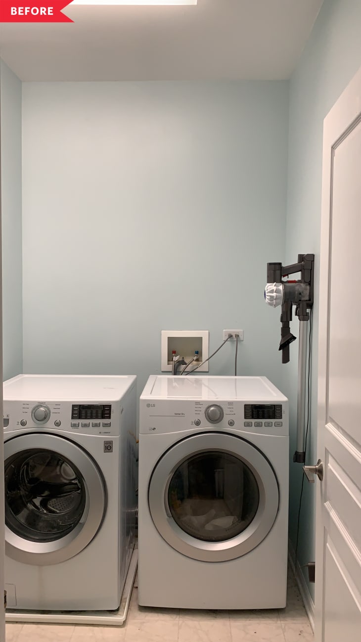Before: Laundry room with plain blue walls