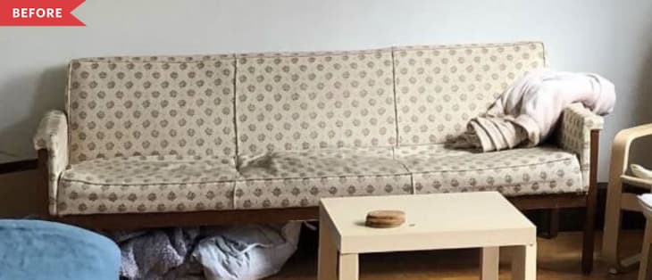 Before: faded, yellowed vintage couch with sagging seat