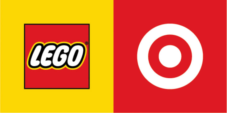 LEGO logo on yellow background next to Target logo on red background.