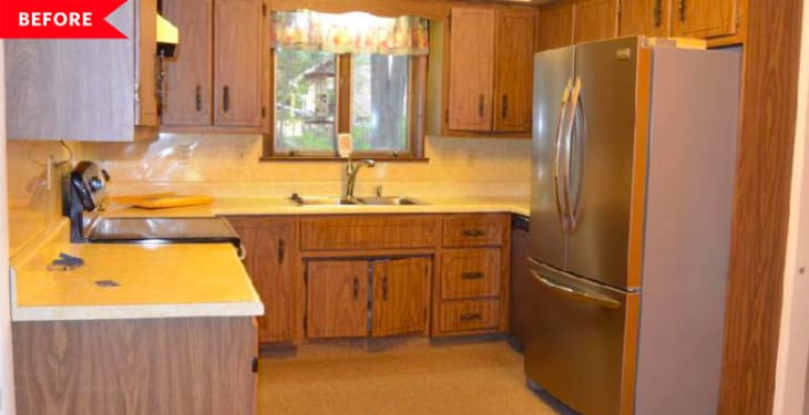 Before: dark wood kitchen with beige counters
