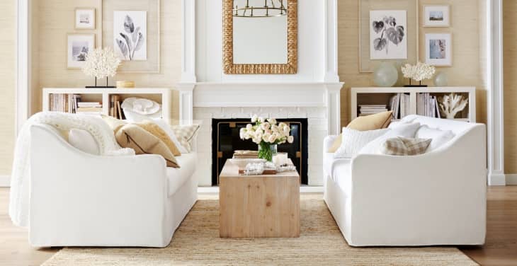 White couches facing each other in living room