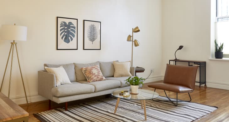 Living room with a gray sofa, brown chair, glass coffee table, striped rug, and plant decor. Two leaf prints on the wall.