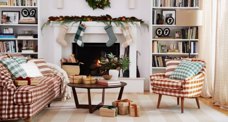 Heather Taylor Home collection for  West Elm featuring gingham furniture and plaid pillows and stockings