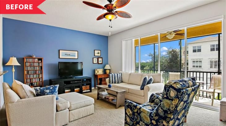 Before: Living room with '90s-00s-era furniture and blue accent wall