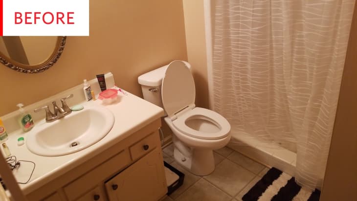 Small bathroom with beige walls, white sink, toilet, and shower curtain, labeled "Before."