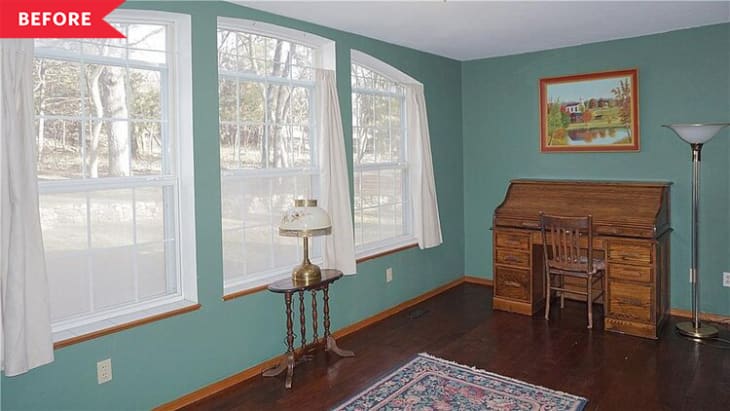 Before: dated office with teal walls and dark floors