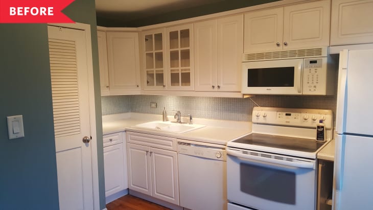 Before: Dated kitchen with white cabinets and white appliances