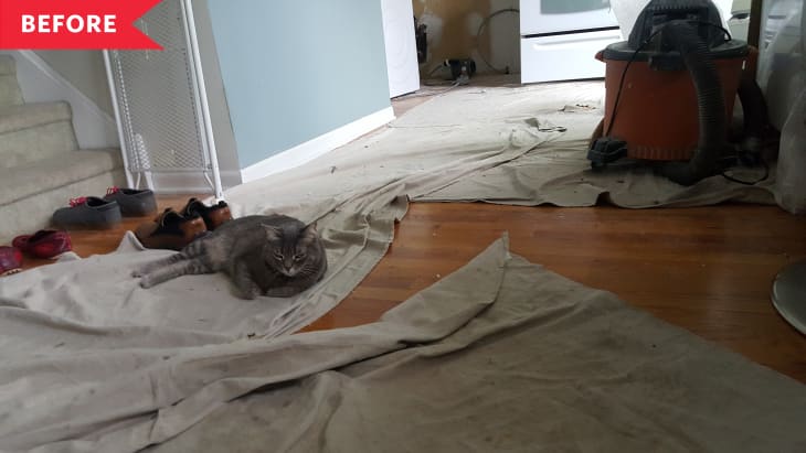 Before: Drop cloth on oak floors