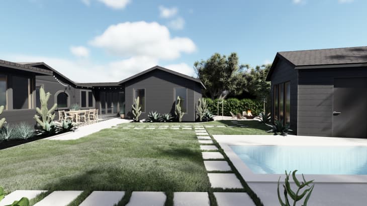 Modern backyard with dark exterior buildings, pool, patio dining set, and lush landscaping.