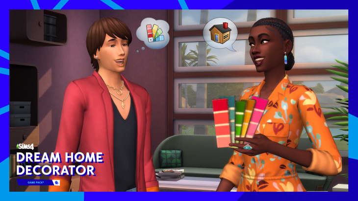 Two Sims characters discussing home design, one holding color swatches, with thought bubbles of paint and a house.