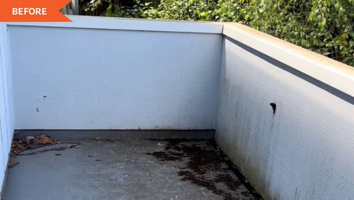 Before: an empty balcony with a white wall