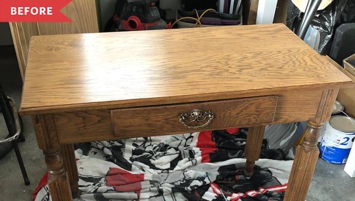 Before: plain wood desk with dated oak finish