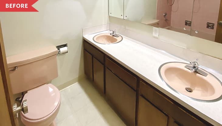 Before: Vintage bathroom with pink toilet and sink
