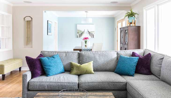 Grey sofa in living room.