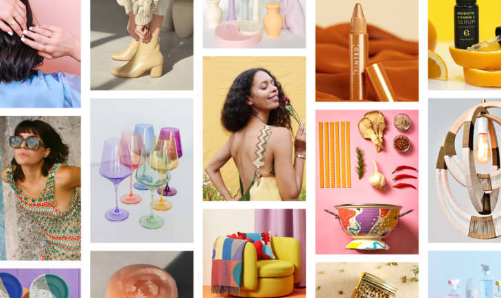 Collage of colorful items: woman with rose, rainbow glassware, boots, cosmetics, vibrant decor, and spices.