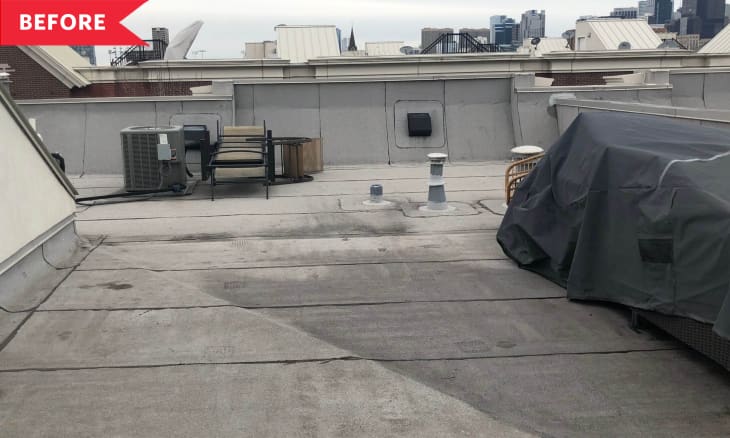 Before: Barren rooftop with ventilation unit in middle