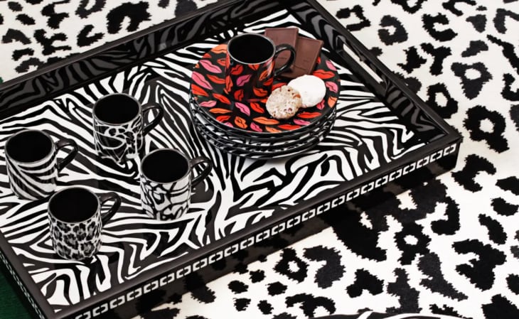 Black, white, and red bold-patterned accessories