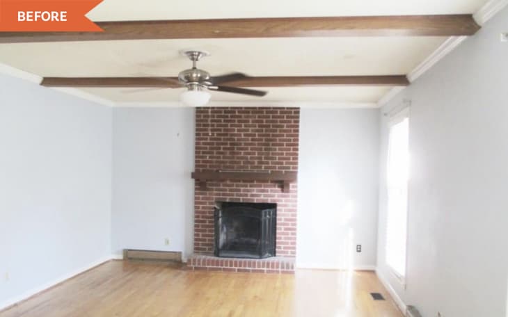 Before: empty white room featuring a brick fireplace