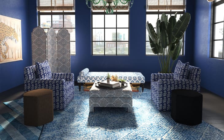 John Robshaw for Cloth and Co Collection of folding screens, chairs, a daybed, and ottomans, in an apartment designed by John Robshaw