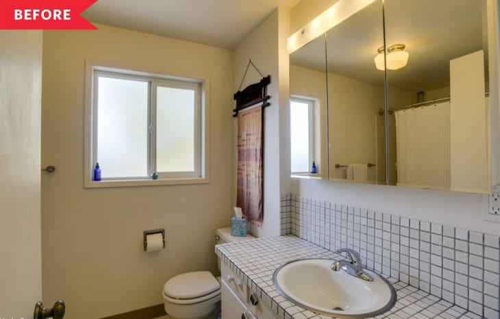 Before: dated bathroom with dingy walls, low lighting, and a tiled countertop