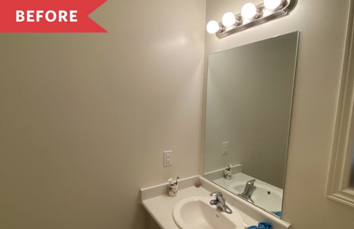 horizontal bathroom before renovation square mirror