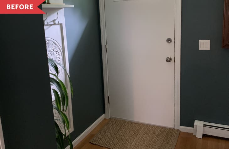 Before: interior of white front door surrounded by green walls