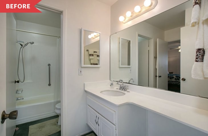 Before: Bathroom with white walls and white vanity