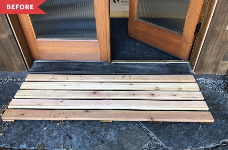 Before: Plain slatted wood doormat