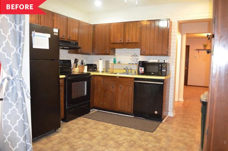 Before: Dated kitchen with crown cabinets, black appliances, and beige walls