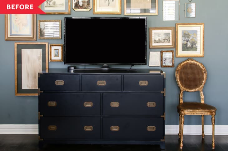 Before: TV on top of a black dresser, against a gallery wall filled with gold-framed artwork
