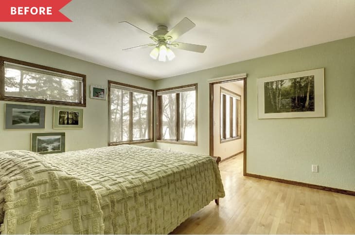 Before: Bedroom with light green walls, wood floors, and white ceiling fan