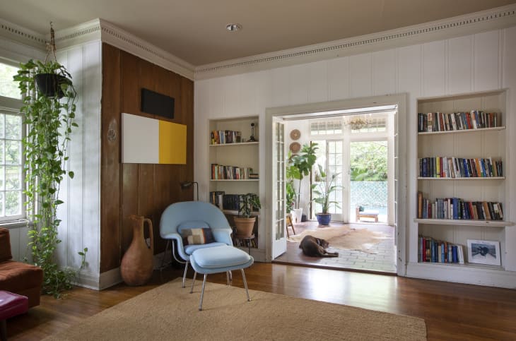 Living room with blue chair, bookshelves, hanging plant, and open doors to sunroom with potted plants and a dog.
