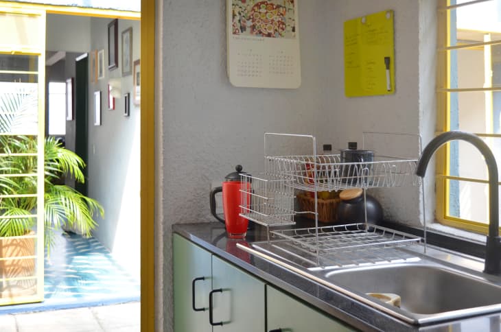 Kitchen sink with dish rack, red French press, and spice jars on counter; hallway with plants visible through doorway.