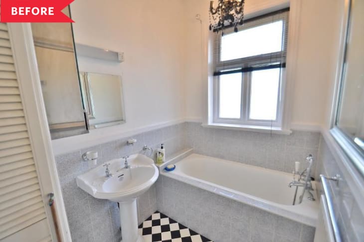 Before: Cramped bathroom with white sink and tub and gray tile