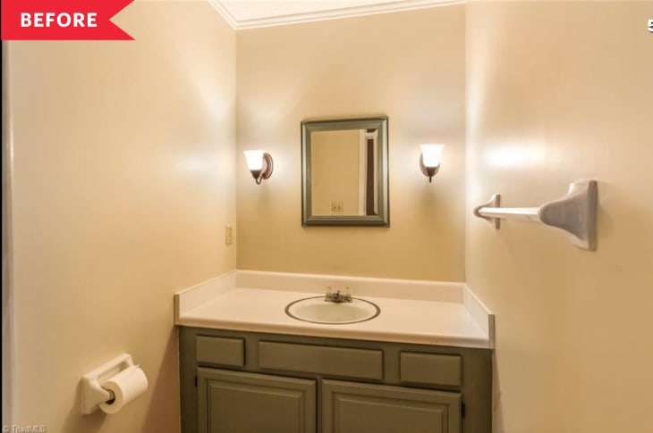 Before: plain bathroom with beige walls