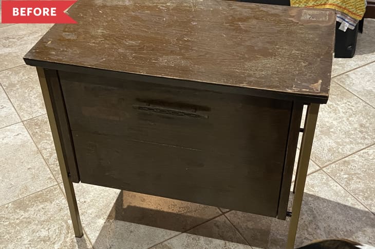 Before: Damaged vintage wood record cabinet