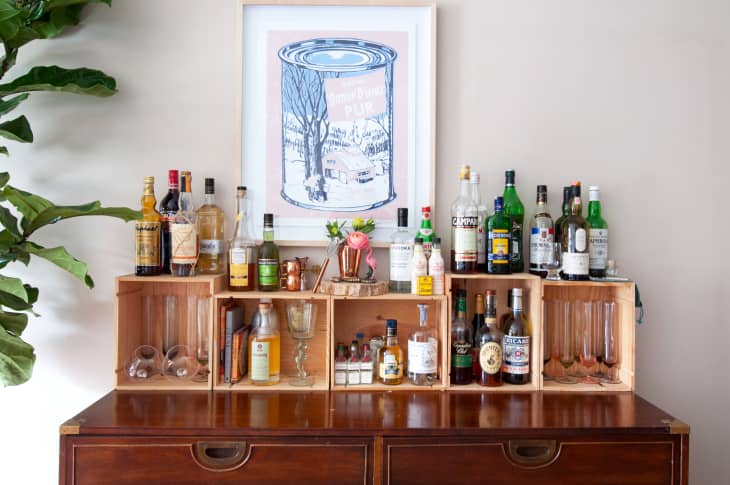 Home bar setup with assorted liquor bottles on wooden shelves, a framed can print above, and a potted plant on the side.