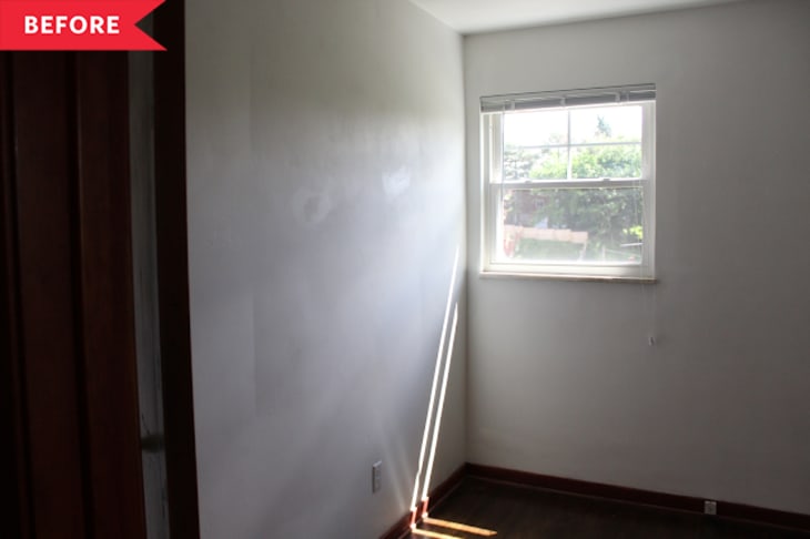 Small empty room with a single window, white walls, and dark floor, labeled "Before" in the top left corner.