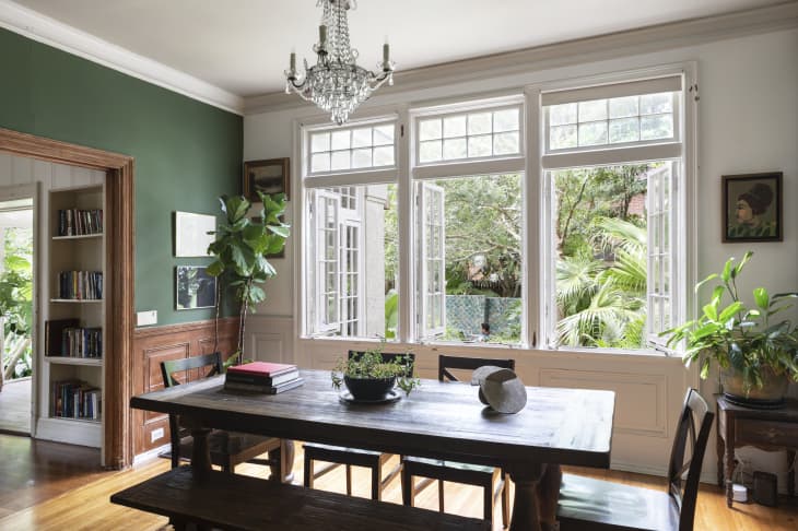 Dining room with dark wooden table, green accent wall, chandelier, large windows, and potted plants.