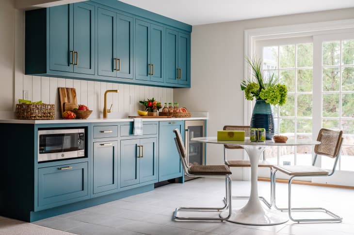 Aqua painted kitchen cabinets