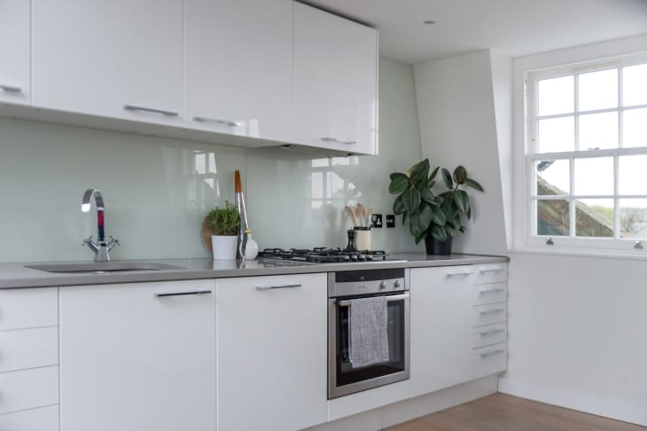 Modern kitchen with white cabinets, gas stove, potted plants, and large window.