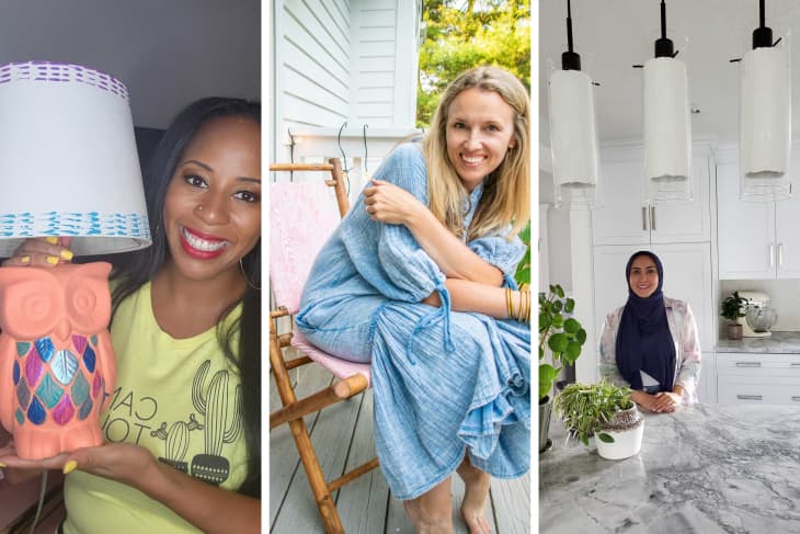 Three women in different settings: one holding an owl lamp, another sitting on a porch, and the third in a modern kitchen.