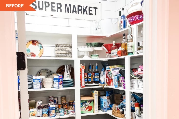 Pantry with shelves of canned goods, snacks, dishes, and bottles, under a "Super Market" sign.