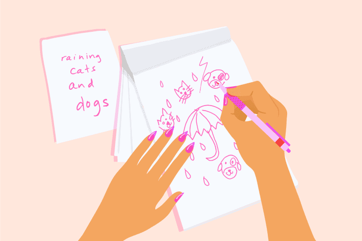 clipart of woman hands drawing rain, cats, and dogs in pink ink