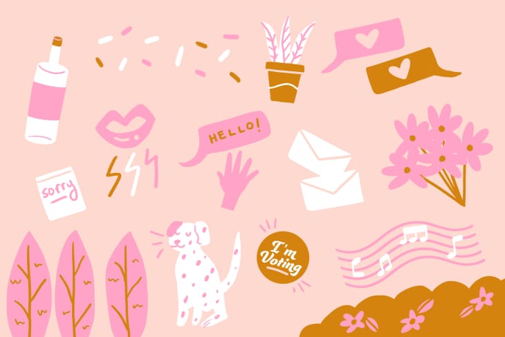 Colorful doodles including a wine bottle, potted plant, speech bubbles, flowers, envelopes, and a spotted dog.